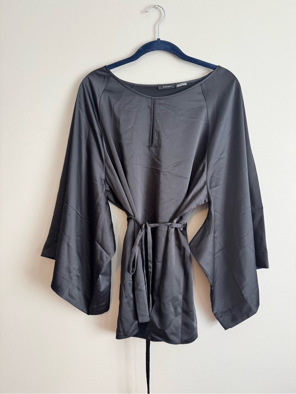 NATORI Black Satin Kimono Tunic Top XL Whimsigoth Dark Coquette Belted Blouse
